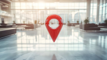 Red location pin marker hovering in a modern office building lobby, symbolizing location services, gps navigation, and place discoveryの素材
