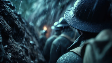 Soldiers navigate muddy trenches in heavy rain, clad in uniforms and helmets. The atmosphere is tense, illuminated by faint light, highlighting the harsh realities of war.の素材
