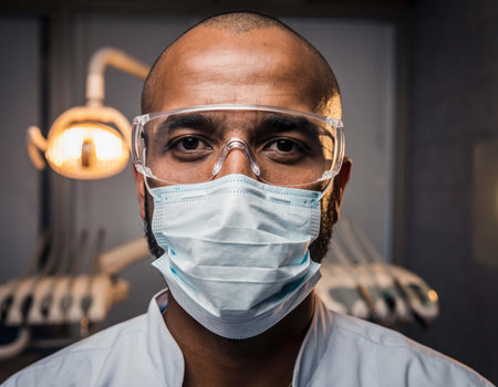A skilled dentist stands in a well-equipped clinic, wearing a protective mask and eyewear. The environment is clean and professional, ideal for patient care and dental health.の素材