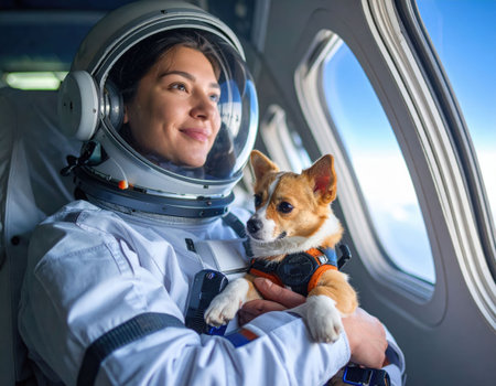 An astronaut holds a corgi in a spacecraft, gazing out the window at the vastness of space during a mission in low Earth orbit. The bond between them highlights teamwork in exploration.の素材