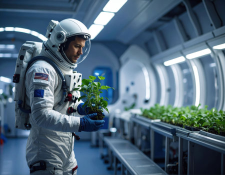 An astronaut in a space suit carefully inspects a young plant in a high-tech greenhouse aboard a spacecraft, showcasing efforts for sustainable agriculture in outer space.の素材
