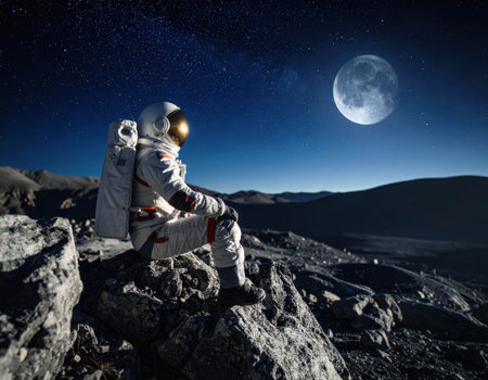 An astronaut in a white space suit sits on rough rocks, admiring the bright full moon and twinkling stars during a serene night on an alien landscape.の素材