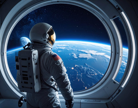 An astronaut stands by a large circular window, gazing at Earth from the depths of space. The view showcases planet Earth, distant stars, and celestial bodies in the background.の素材