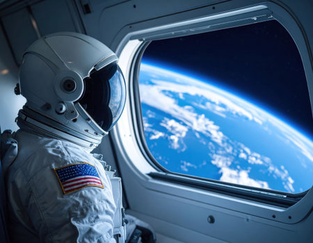 An astronaut in a spacesuit gazes out of a spacecraft window, taking in the stunning view of Earth below, showcasing the planet's blue oceans and cloud patterns against the darkness of space.の素材