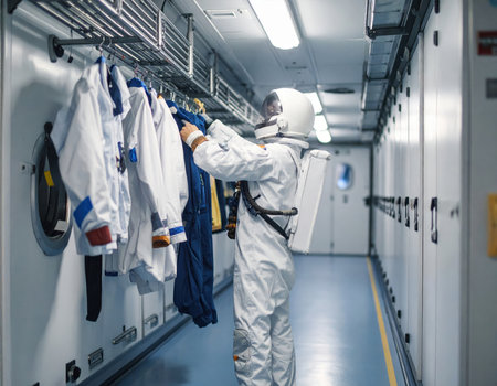 An astronaut dressed in a space suit carefully organizes various space suits hanging in a corridor of a spacecraft. This scene captures the preparation before an important mission.の素材