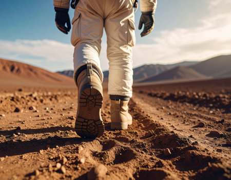 An astronaut in a white spacesuit walks purposefully across rocky, red soil, leaving footprints behind on an otherworldly surface filled with mountains and unique geological features.の素材