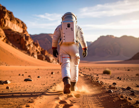 An astronaut walks through a vast red desert landscape, leaving footprints in the sand as sunlight casts warm hues over the rocky terrain. The scene is tranquil yet awe-inspiring.の素材