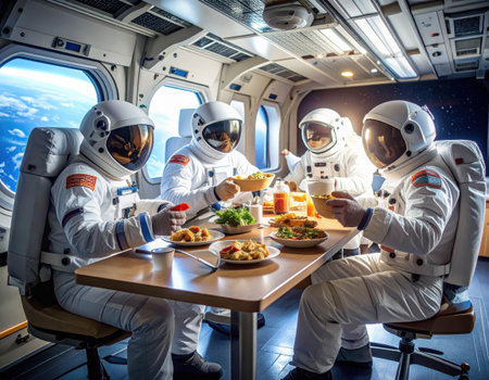 Four astronauts dressed in white space suits enjoy a meal together inside their spacecraft.の素材