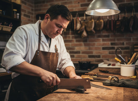 A skilled craftsman works diligently at a wooden table, using a saw to shape a piece of wood in a warm, inviting workshop filled with tools and materials. The workspace is brimming with creativity.の素材