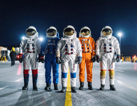 Five astronauts dressed in different colored space suits gather on a launch pad, illuminated by bright lights. This nighttime event showcases their readiness for upcoming space missions.の素材