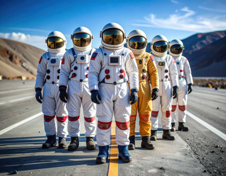 A group of astronauts, dressed in distinctive suits, stands in formation on a lonely desert road.の素材