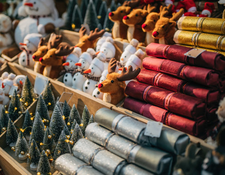 A market stall is filled with cheerful holiday decorations including plush reindeer and snowmen, alongside beautifully wrapped gifts. The festive atmosphere captures the joy of the season.の素材