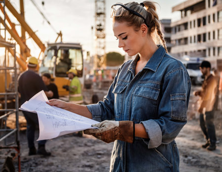 A woman in a denim jacket examines construction plans at a bustling building site just before sunset. Workers and heavy machinery are visibly engaged in various tasks around her.の素材