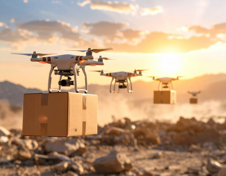 Four drones transport packages across a dusty landscape during a beautiful sunset. The bright orange and pink hues create a striking backdrop for this modern delivery method.の素材