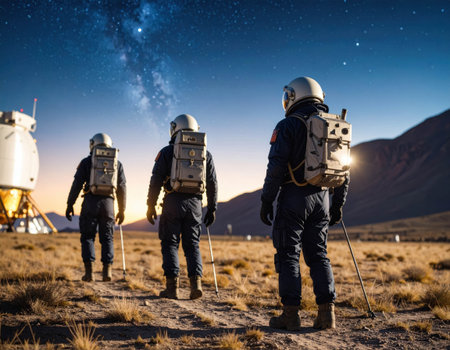 In a barren landscape illuminated by distant stars, three astronauts in space suits carefully navigate their surroundings, suggesting a lunar exploration mission at dusk.の素材