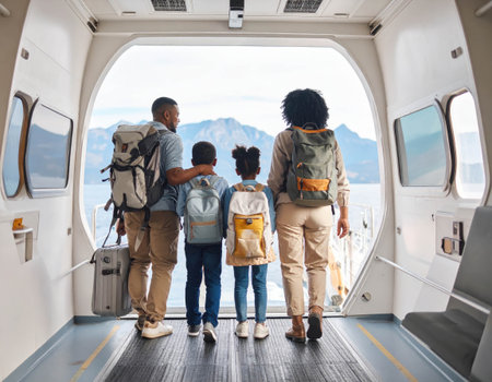 A family stands together at the entrance of a ferry, looking out at the stunning mountains and bright sky. They are ready for an exciting adventure with backpacks and luggage.の素材