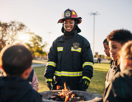 A firefighter smiles while interacting with children gathered around a campfire in a park. The scene captures a warm atmosphere as the sun sets in the background.の素材
