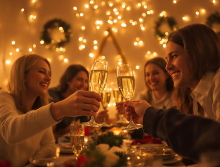 Friends gather around a festive table, raising their glasses filled with sparkling drinks. String lights and holiday decorations create a warm and joyful atmosphere during the celebration.の素材