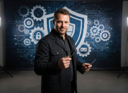 A cybersecurity expert stands confidently, holding tools in hand, against a backdrop representing digital security. The setting is a tech event with bright lighting highlighting the theme.の素材