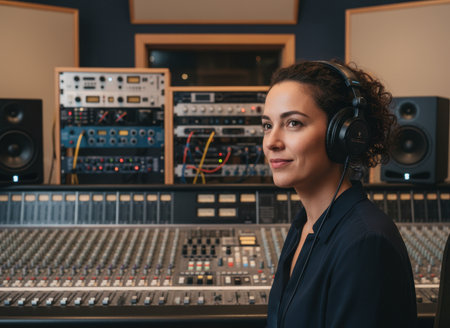 A recording engineer is focused and listening intently while wearing headphones in a professional audio studio. Various sound equipment and a mixing console are visible in the background.の素材