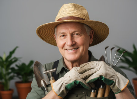 A cheerful gardener with gray hair and a straw hat stands indoors, surrounded by green plants. He holds various gardening tools in his gloved hands, radiating a passion for gardening.の素材
