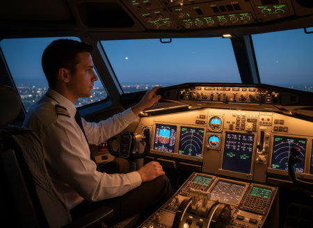 A pilot is focused on navigating an aircraft as night falls, surrounded by glowing instruments and controls. The cockpit is alive with lights, indicating a busy flight.の素材