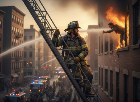 In a dramatic city scene, a firefighter climbs a ladder to rescue a person from a window of a burning building.の素材