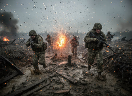 Groups of soldiers rush forward on a war-torn landscape as explosions erupt around them. The scene captures the intensity of combat, with debris and smoke filling the air.の素材