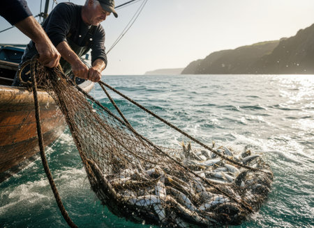 A fisherman expertly hauls a large net brimming with freshly caught fish from the turquoise sea at dawn. The rugged coast forms a stunning backdrop to this fishing scene.の素材