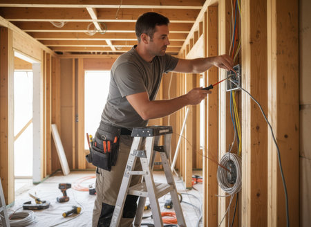 An electrician works on electrical wiring in a new home build. He stands on a ladder, focused on connecting wires inside wooden framework, with tools nearby. The space is well-lit with natural light.の素材