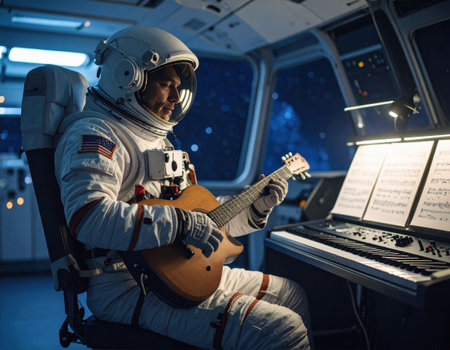 An astronaut sits in a spaceship, strumming a guitar and creating music amidst the stars. Sheet music is placed on a keyboard, highlighting a serene moment in space exploration.の素材