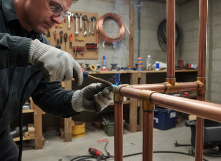 A skilled worker is soldering copper pipes in a cluttered workshop. Tools are visible on shelves, and the worker wears safety glasses and gloves while carefully applying heat to the joints.の素材