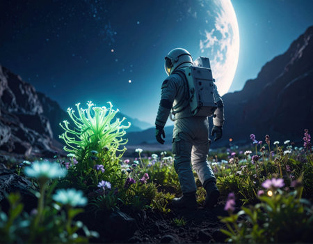 An astronaut wanders through a lush alien environment, surrounded by glowing flora, with a bright moon illuminating the dramatic landscape and distant mountains.の素材