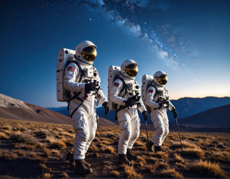 Three astronauts walk confidently across a desolate terrain under a starry sky. The backdrop features the expansive Milky Way, showcasing the beauty of the cosmos at night.の素材