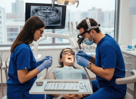 In a contemporary dental clinic, two dental professionals are focused on a patient receiving dental care. The environment is bright, showcasing advanced equipment.の素材