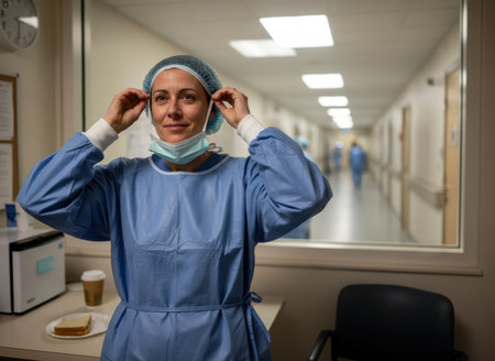 A healthcare worker adjusts her mask and head covering in a hospital corridor. In the background, fellow staff members prepare for their work. The setting is bright and professional.の素材