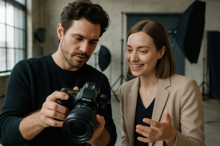 In a stylish studio, a man and a woman look at photos on a camera. They share insights and discuss photography techniques.の素材