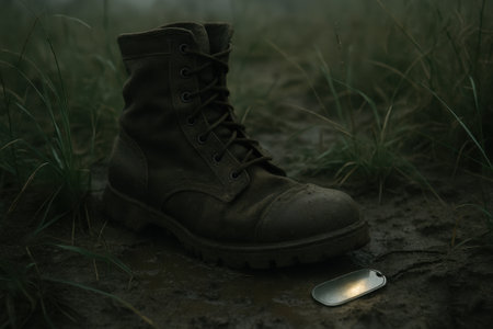 A worn military boot rests in muddy ground, with dog tags illuminated softly next to it. The scene evokes a sense of sacrifice and remembrance on a foggy morning in nature.の素材