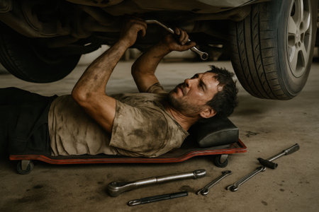 A mechanic works diligently on a car in a garage, using tools to fix the vehicle while lying on a creep board. The setting is well-lit and shows a focused effort.の素材