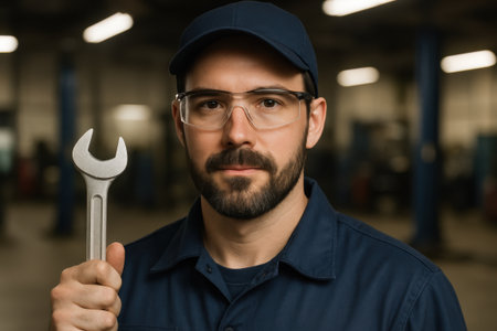 A mechanic stands confidently in a well-lit workshop, holding a wrench and showing his expertise. The environment features tools and equipment, indicating preparation for vehicle repairs.の素材