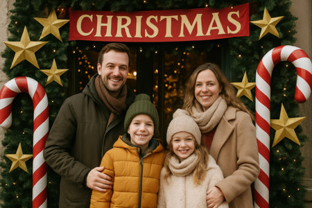 A happy family poses together in a joyful holiday scene. They stand in front of a decorated entrance with Christmas lights, candy canes, and cheerful stars.の素材
