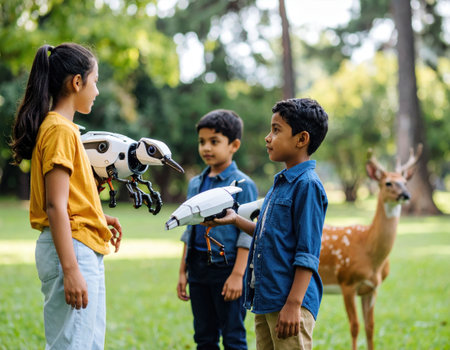 Two children are engaged in play, holding robotic birds and a futuristic device in a lush park. A curious deer watches from a distance, creating a blend of nature and technology.の素材