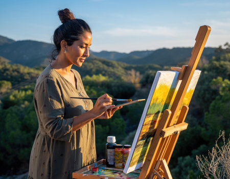 An artist paints a colorful landscape on an easel, surrounded by lush green trees and mountains. The sunset creates a beautiful atmosphere, enhancing the creative moment.の素材