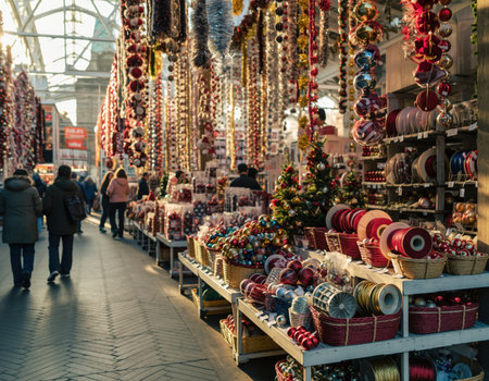 Visitors stroll through a vibrant market adorned with Christmas decorations and ornaments, filling the space with holiday spirit during a chilly winter day.の素材