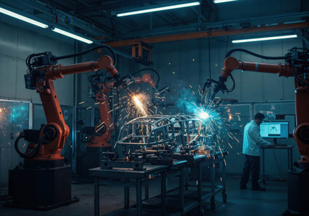 In a modern automotive manufacturing facility, robotic arms perform welding tasks on a vehicle chassis, creating sparks and highlighting advanced technology in action.の素材