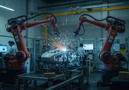 In a modern automotive manufacturing facility, robotic arms engage in precise welding on a vehicle frame, creating sparks that illuminate the workspace. Engineers monitor the process closely.の素材