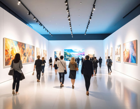 Groups of individuals walk through a spacious contemporary art gallery, admiring colorful paintings on white walls. The modern environment enhances the artistic experience.の素材
