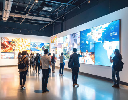 Crowds of people explore an innovative exhibition hall filled with large digital screens displaying various artistic and informational content from around the world, inviting interaction.の素材