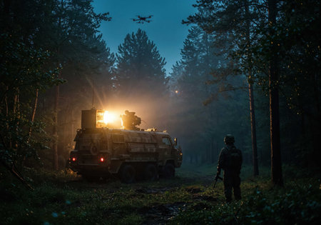 Under a dimly lit sky, military personnel monitor drone activity from tactical vehicles in a dense forest. The scene captures the essence of a nighttime training operation.の素材