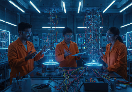Three engineers in orange lab coats are actively engaged in collaborative experiments with futuristic technology. They are working under blue neon lights and surrounded by high-tech equipment.の素材